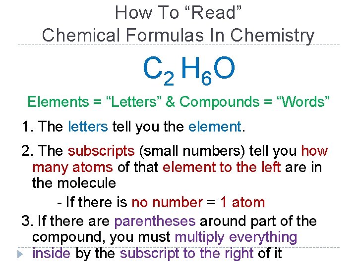 How To “Read” Chemical Formulas In Chemistry C 2 H 6 O Elements =