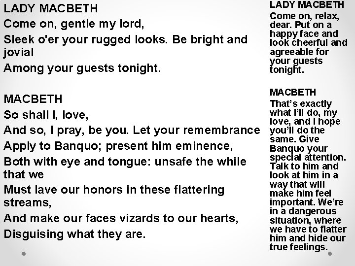 LADY MACBETH Come on, gentle my lord, Sleek o'er your rugged looks. Be bright