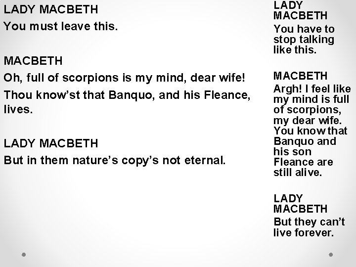 LADY MACBETH You must leave this. MACBETH Oh, full of scorpions is my mind,