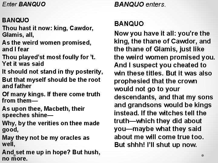 Enter BANQUO Thou hast it now: king, Cawdor, Glamis, all, As the weird women