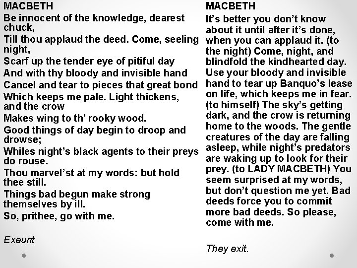 MACBETH Be innocent of the knowledge, dearest chuck, Till thou applaud the deed. Come,