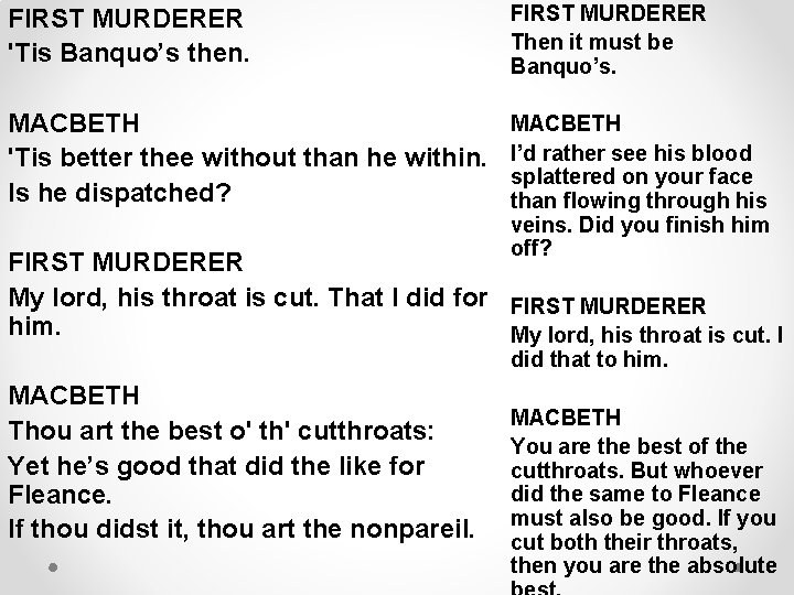 FIRST MURDERER 'Tis Banquo’s then. FIRST MURDERER Then it must be Banquo’s. MACBETH 'Tis