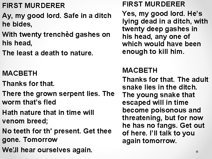 FIRST MURDERER Ay, my good lord. Safe in a ditch he bides, With twenty