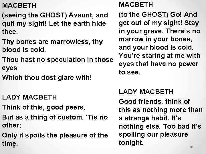 MACBETH (seeing the GHOST) Avaunt, and quit my sight! Let the earth hide thee.