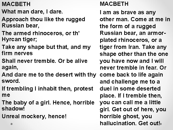 MACBETH What man dare, I dare. Approach thou like the rugged Russian bear, The