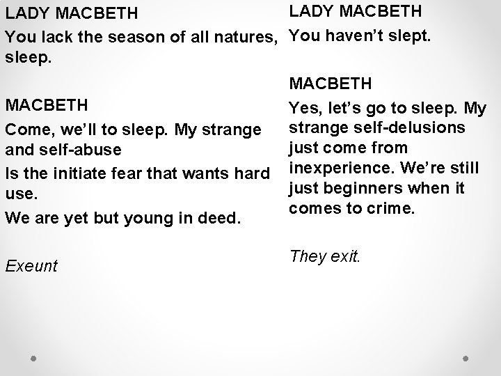 LADY MACBETH You lack the season of all natures, You haven’t slept. sleep. MACBETH