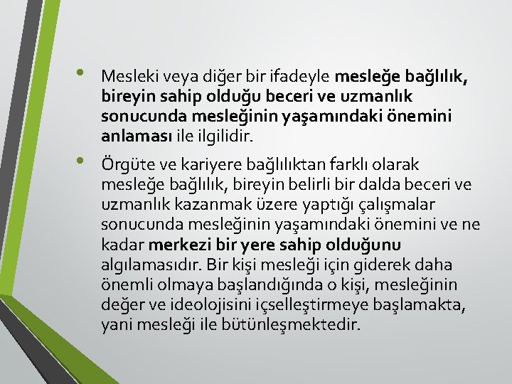  • • Mesleki veya diğer bir ifadeyle mesleğe bağlılık, bireyin sahip olduğu beceri