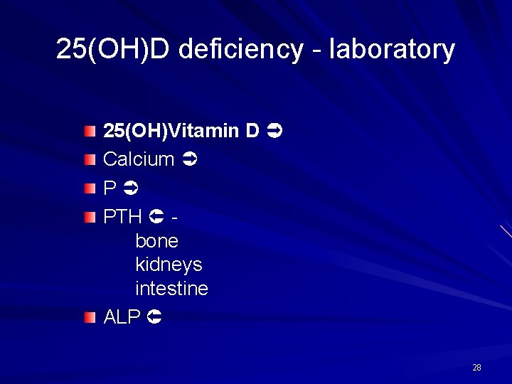 25(OH)D deficiency - laboratory 25(OH)Vitamin D Calcium P PTH bone kidneys intestine ALP 28