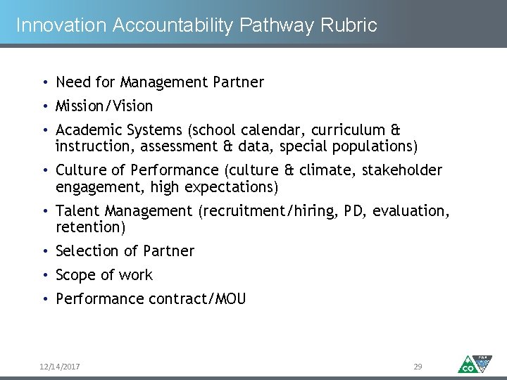 Innovation Accountability Pathway Rubric • Need for Management Partner • Mission/Vision • Academic Systems