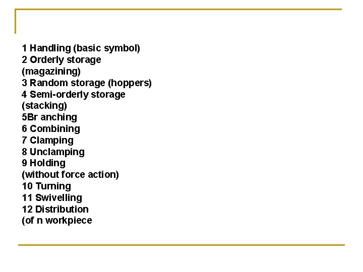 1 Handling (basic symbol) 2 Orderly storage (magazining) 3 Random storage (hoppers) 4 Semi-orderly