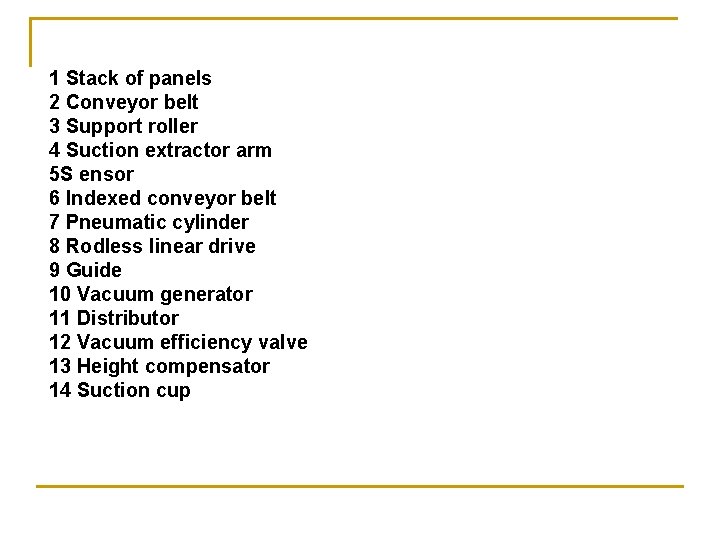 1 Stack of panels 2 Conveyor belt 3 Support roller 4 Suction extractor arm