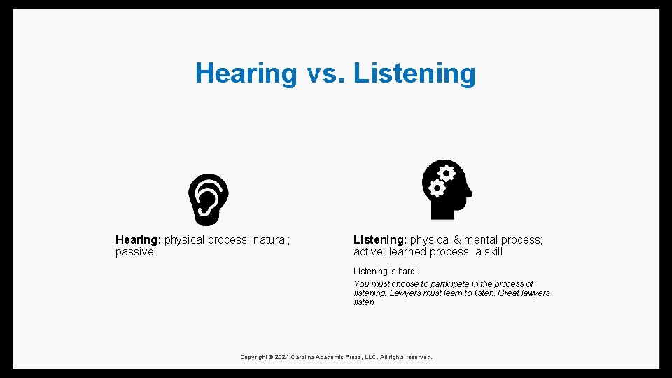 Hearing vs. Listening Hearing: physical process; natural; passive Listening: physical & mental process; active;