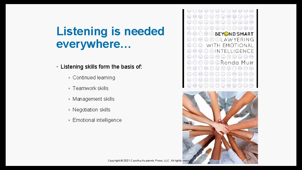 Listening is needed everywhere… ◦ Listening skills form the basis of: ◦ Continued learning