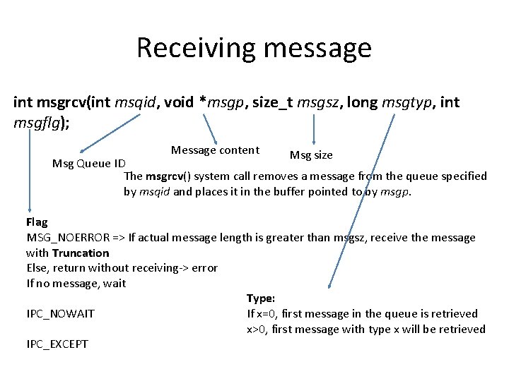 Receiving message int msgrcv(int msqid, void *msgp, size_t msgsz, long msgtyp, int msgflg); Message