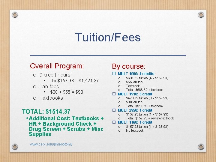 Tuition/Fees Overall Program: o 9 credit hours • 9 x $157. 93 = $1,