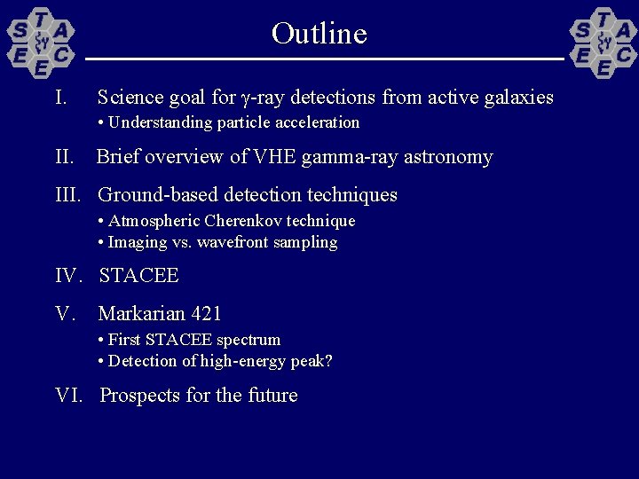 Outline I. Science goal for -ray detections from active galaxies • Understanding particle acceleration
