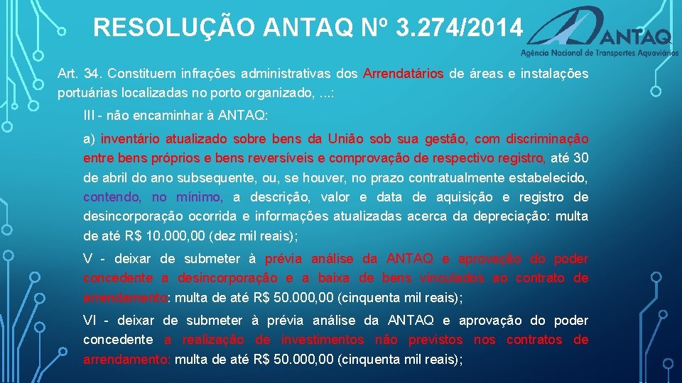 RESOLUÇÃO ANTAQ Nº 3. 274/2014 Art. 34. Constituem infrações administrativas dos Arrendatários de áreas