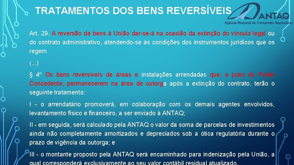 TRATAMENTOS DOS BENS REVERSÍVEIS Art. 29. A reversão de bens à União dar-se-á na