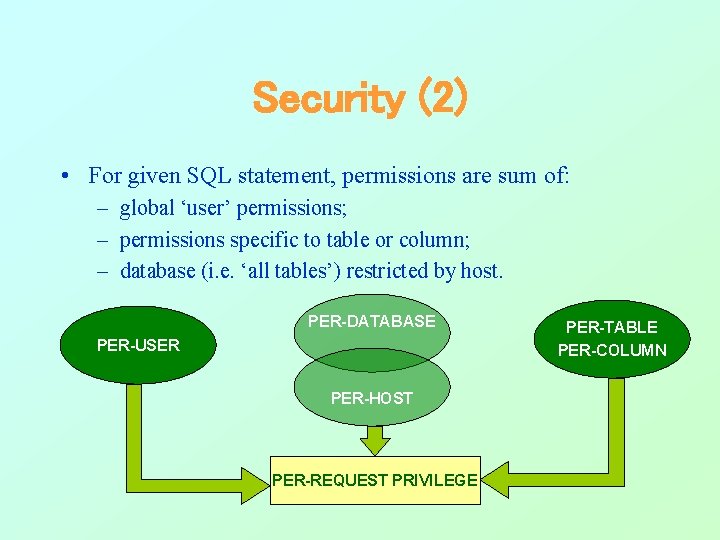 Security (2) • For given SQL statement, permissions are sum of: – global ‘user’ Security (2) • For given SQL statement, permissions are sum of: – global ‘user’