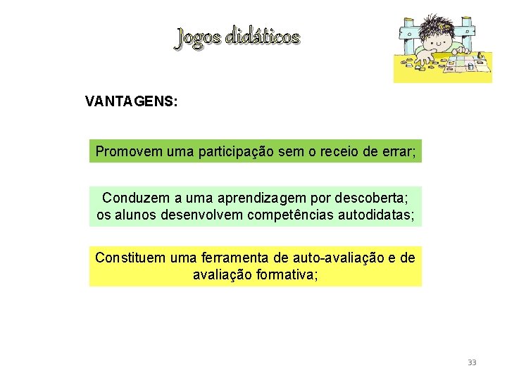 Jogos didáticos VANTAGENS: Promovem uma participação sem o receio de errar; Conduzem a uma