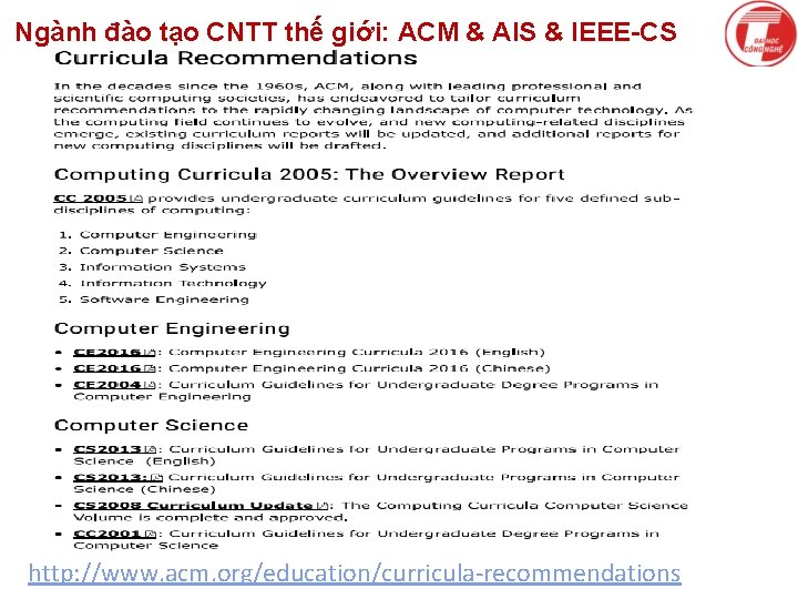 Ngành đào tạo CNTT thế giới: ACM & AIS & IEEE-CS January 12, 2022