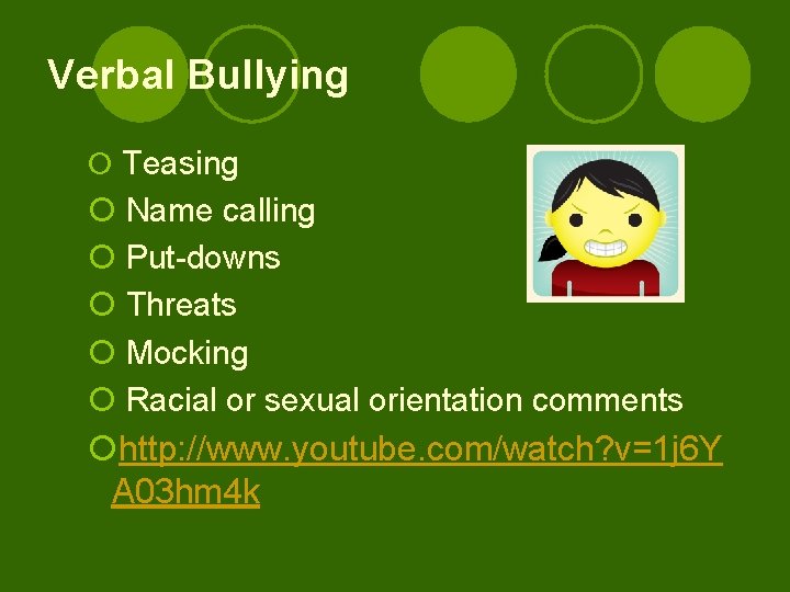 Verbal Bullying ¡ Teasing ¡ Name calling ¡ Put-downs ¡ Threats ¡ Mocking ¡