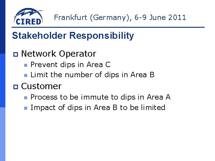 Frankfurt (Germany), 6 -9 June 2011 Stakeholder Responsibility p Network Operator n n p