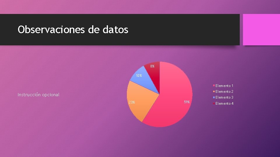 Observaciones de datos 8% 10% Elemento 1 Elemento 2 Instrucción opcional Elemento 3 23%