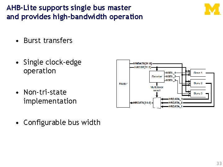 AHB-Lite supports single bus master and provides high-bandwidth operation • Burst transfers • Single