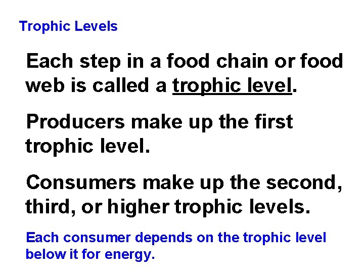 Trophic Levels Each step in a food chain or food web is called a Trophic Levels Each step in a food chain or food web is called a