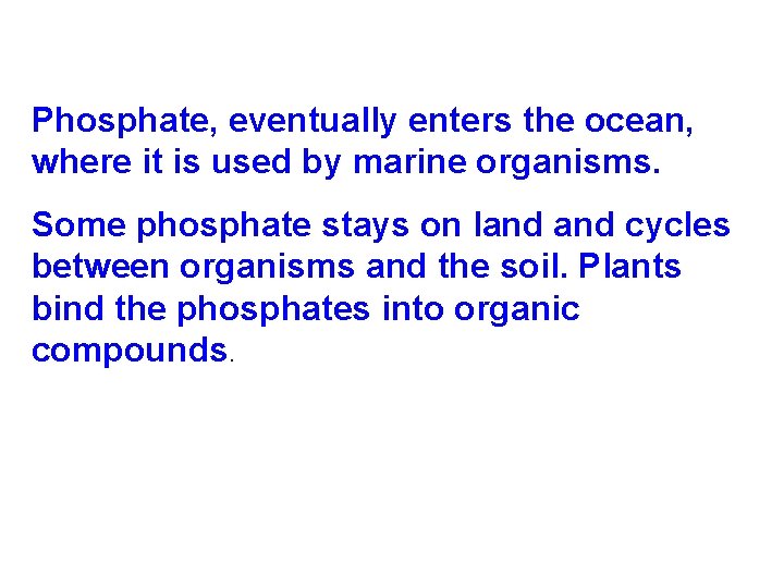 Phosphate, eventually enters the ocean, where it is used by marine organisms. Some phosphate Phosphate, eventually enters the ocean, where it is used by marine organisms. Some phosphate
