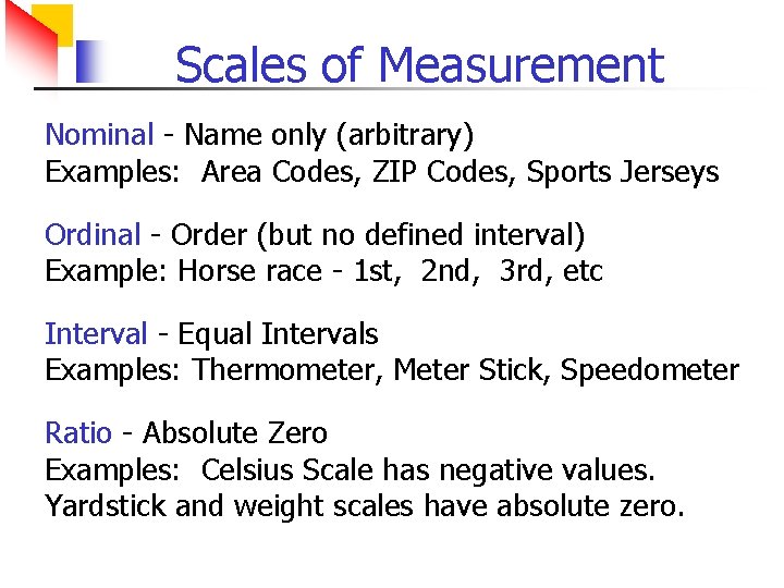 Scales of Measurement Nominal - Name only (arbitrary) Examples: Area Codes, ZIP Codes, Sports