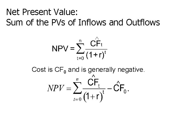 Net Present Value: Sum of the PVs of Inflows and Outflows ^ Cost is