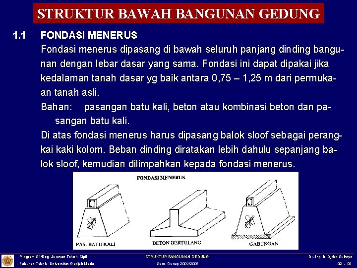 STRUKTUR BAWAH BANGUNAN GEDUNG 1. 1 FONDASI MENERUS Fondasi menerus dipasang di bawah seluruh