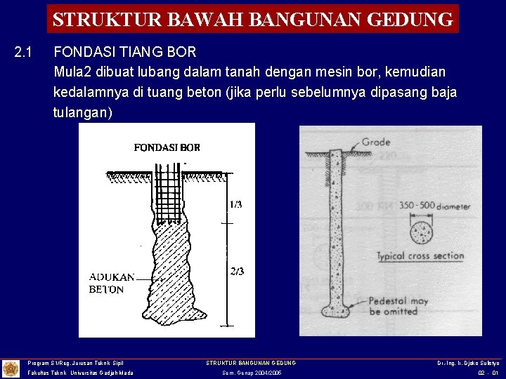 STRUKTUR BAWAH BANGUNAN GEDUNG 2. 1 FONDASI TIANG BOR Mula 2 dibuat lubang dalam