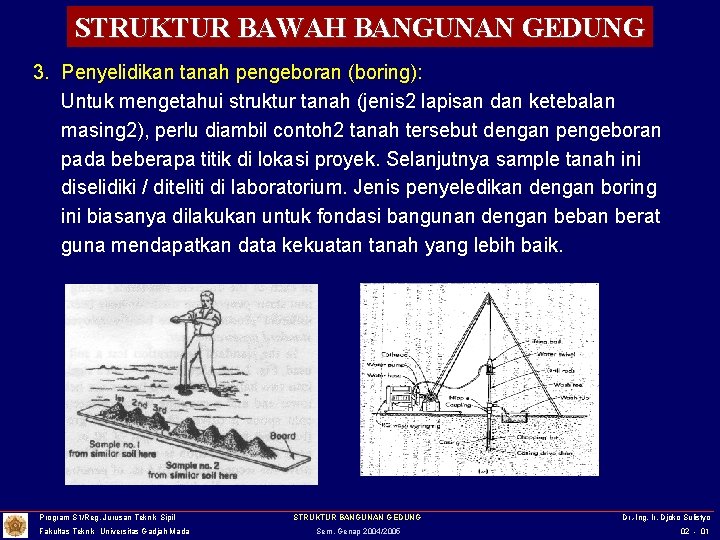 STRUKTUR BAWAH BANGUNAN GEDUNG 3. Penyelidikan tanah pengeboran (boring): Untuk mengetahui struktur tanah (jenis