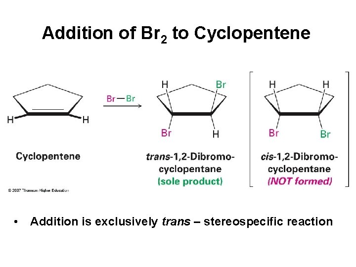 Addition of Br 2 to Cyclopentene • Addition is exclusively trans – stereospecific reaction