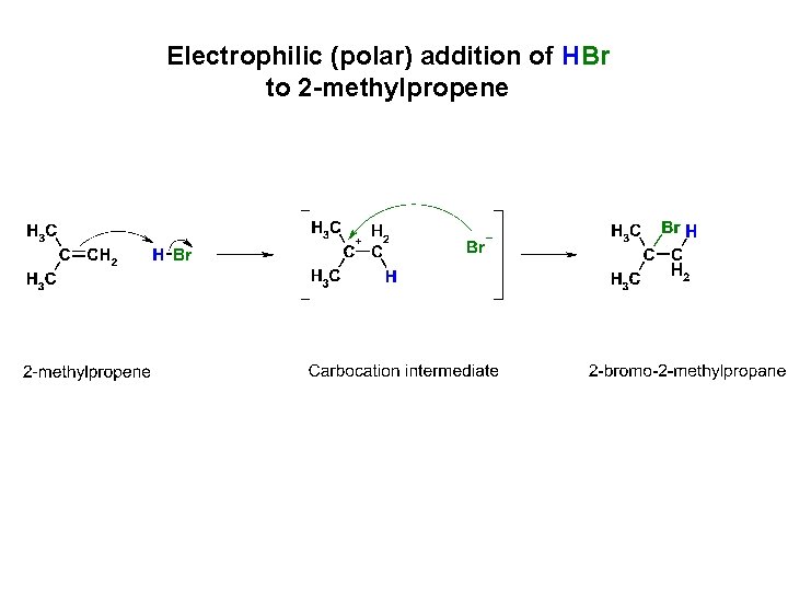 Electrophilic (polar) addition of HBr to 2 -methylpropene 