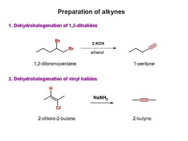 Preparation of alkynes 1. Dehydrohalogenation of 1, 2 -dihalides 2. Dehydrohalogenation of vinyl halides