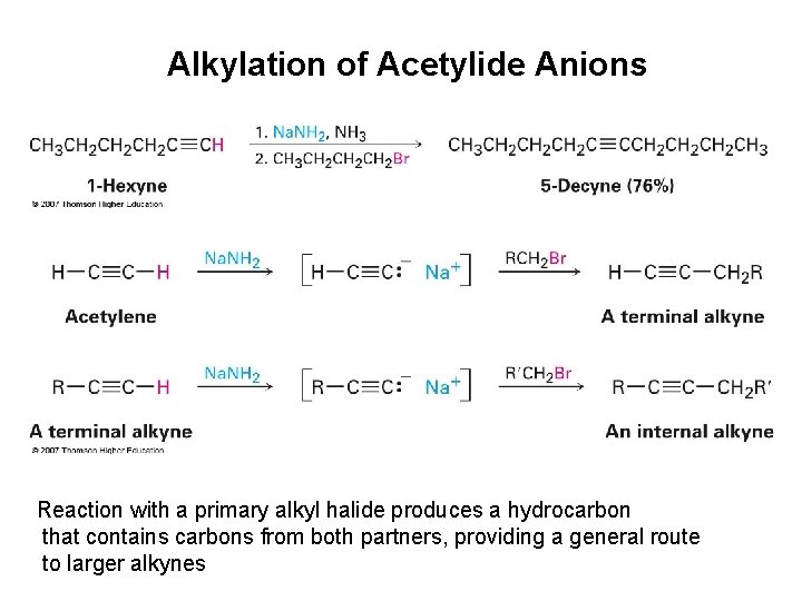 Alkylation of Acetylide Anions Reaction with a primary alkyl halide produces a hydrocarbon that