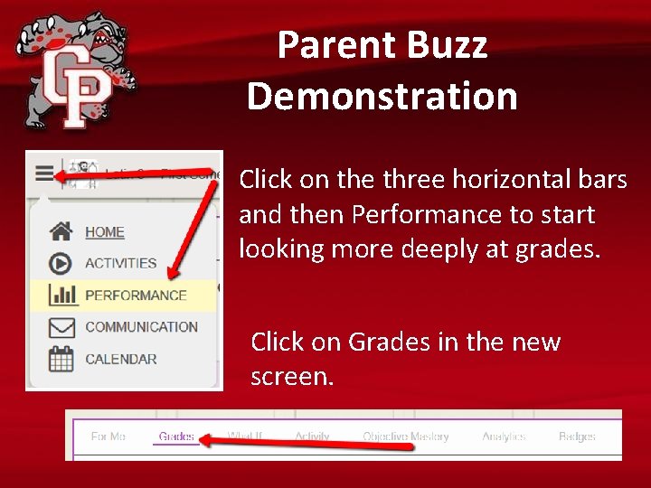 Parent Buzz Demonstration Click on the three horizontal bars and then Performance to start