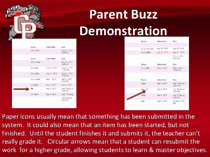 Parent Buzz Demonstration Paper icons usually mean that something has been submitted in the