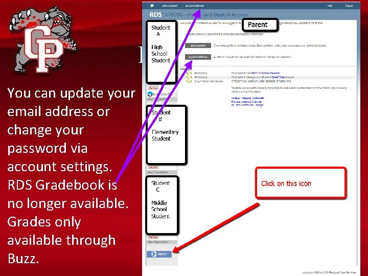 Parent Buzz Demonstration You can update your email address or change your password via