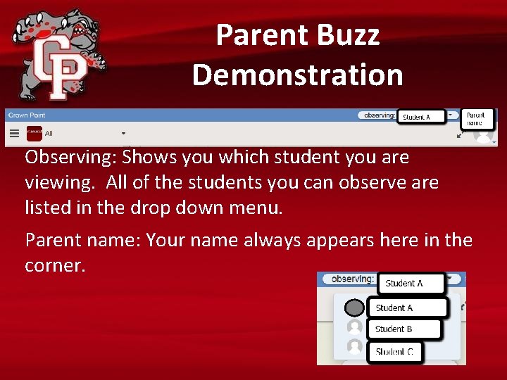 Parent Buzz Demonstration Observing: Shows you which student you are viewing. All of the