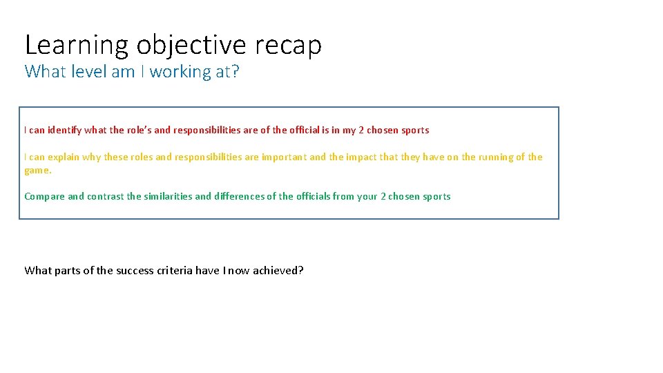 Learning objective recap What level am I working at? I can identify what the