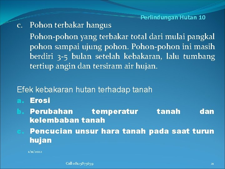 Perlindungan Hutan 10 c. Pohon terbakar hangus Pohon-pohon yang terbakar total dari mulai pangkal