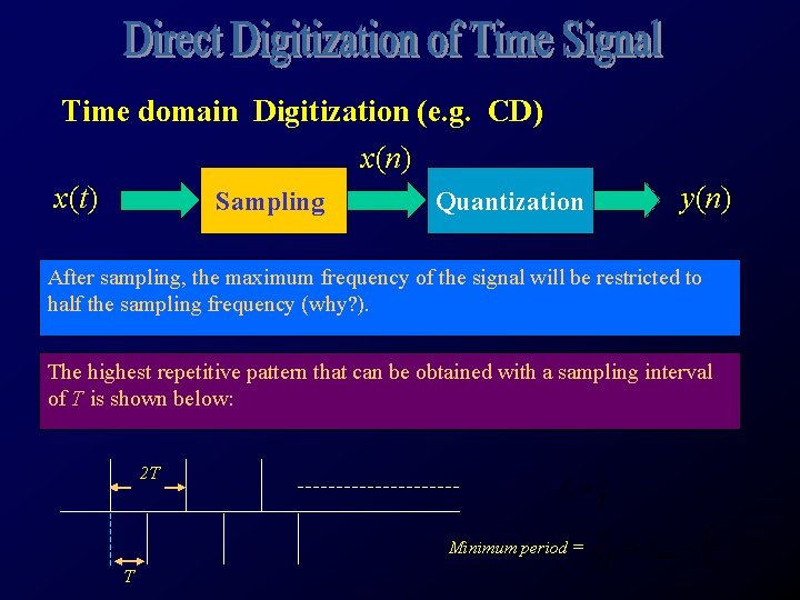 Time domain Digitization (e. g. CD) x(n) x(t) Sampling Quantization y(n) After sampling, the