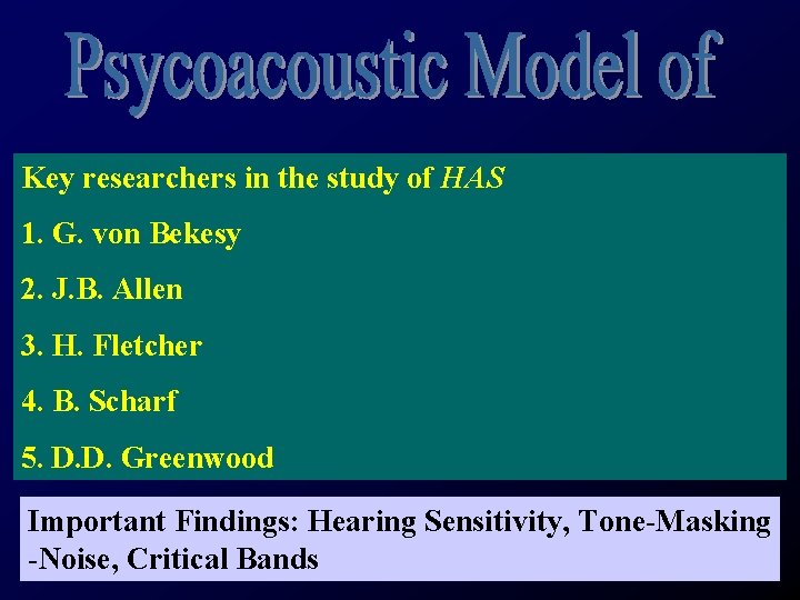 Key researchers in the study of HAS 1. G. von Bekesy 2. J. B.