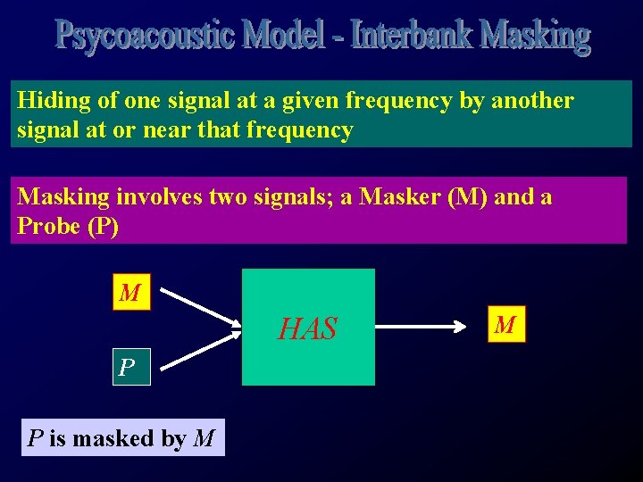 Hiding of one signal at a given frequency by another signal at or near