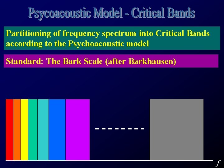 Partitioning of frequency spectrum into Critical Bands according to the Psychoacoustic model Standard: The